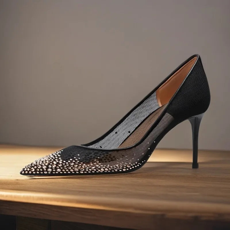 Gold Hot Diamond Mesh Yarn Breathable Pointed Head Stiletto High Heels Naked Black Sexy Elegant 2025 Autumn New Large Size