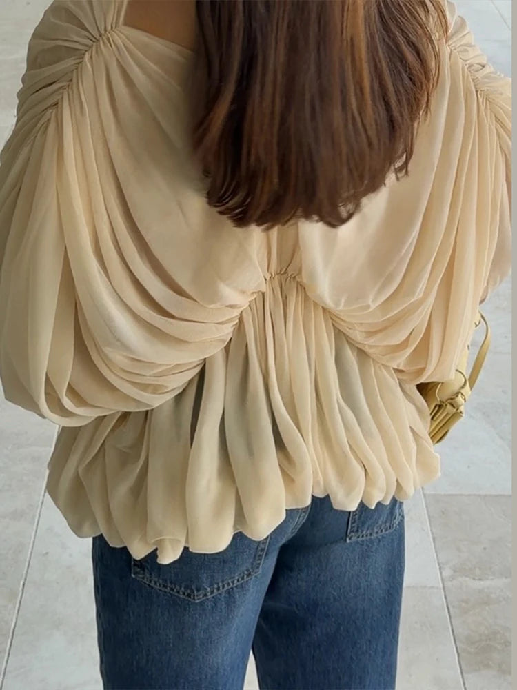 Deep V-neck Batwing Sleeve Waist Cinching Shirt Women Sexy Irregular Hem Solid Slim Pleated Cropped Tops Charming Lady Partywear