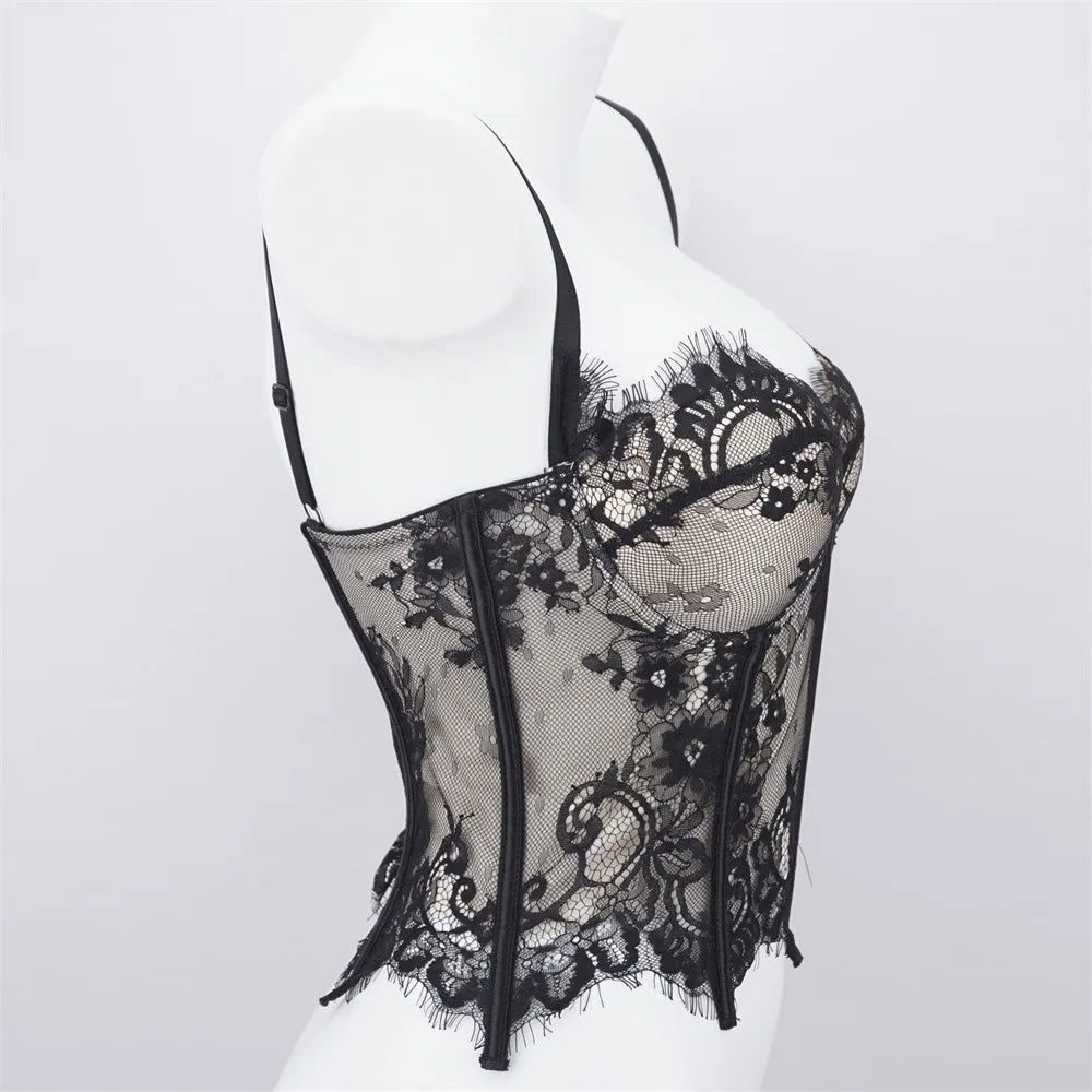 Elegant Hollow Lace Camisole Slim fit Sleeveless Lace Corset Streetwear Transparent Crop Tops Spring Summer