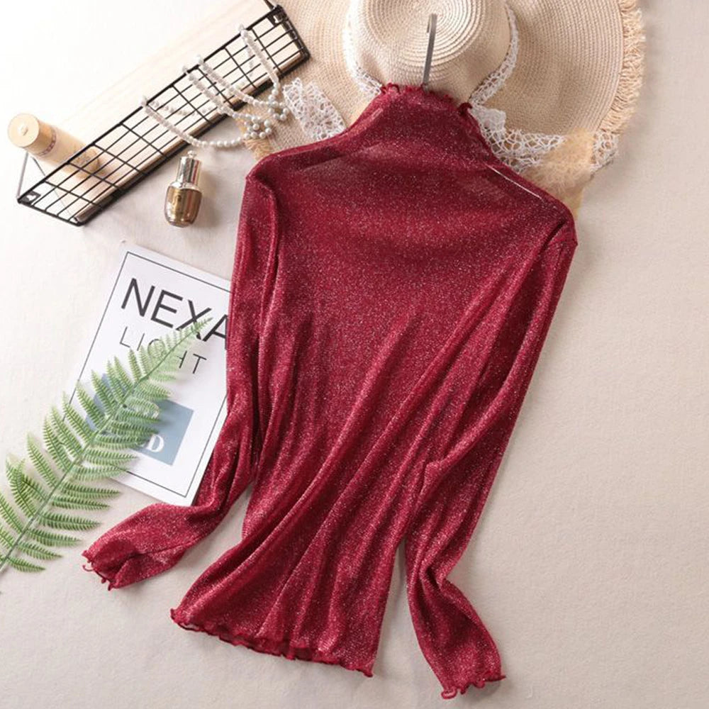 S-3XL Size Transparent Female T Shirt Bottoming Black Red Silver Shiny Elastic Blouse Turtleneck Blouses Women Tops 6 Colors