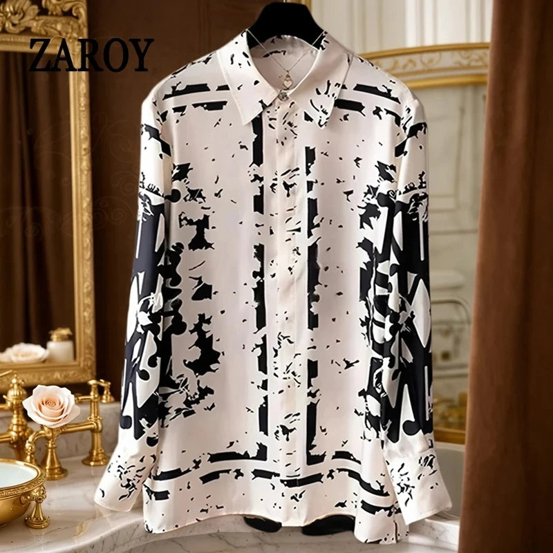 ZAROY S-3XL Imitation Silk Slim Shirts Women Orange Grey Luxury Print Fashion Blouses Lady Top Luxury Brand Design Shirt camisas