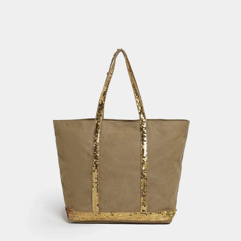 French Sequined Tote Bag For Women Luxury Large Bucket Tote Vintage Casual Woven Commuter Bag Canvas Sequined Shopper Travel Bag