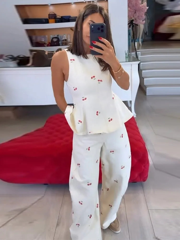Fashion Women's Printed Pants Set Loose Round Neck Sleeveless Lotus Leaf Hem Top Straight Leg Pant 2026 Summer Lady Holiday Suit