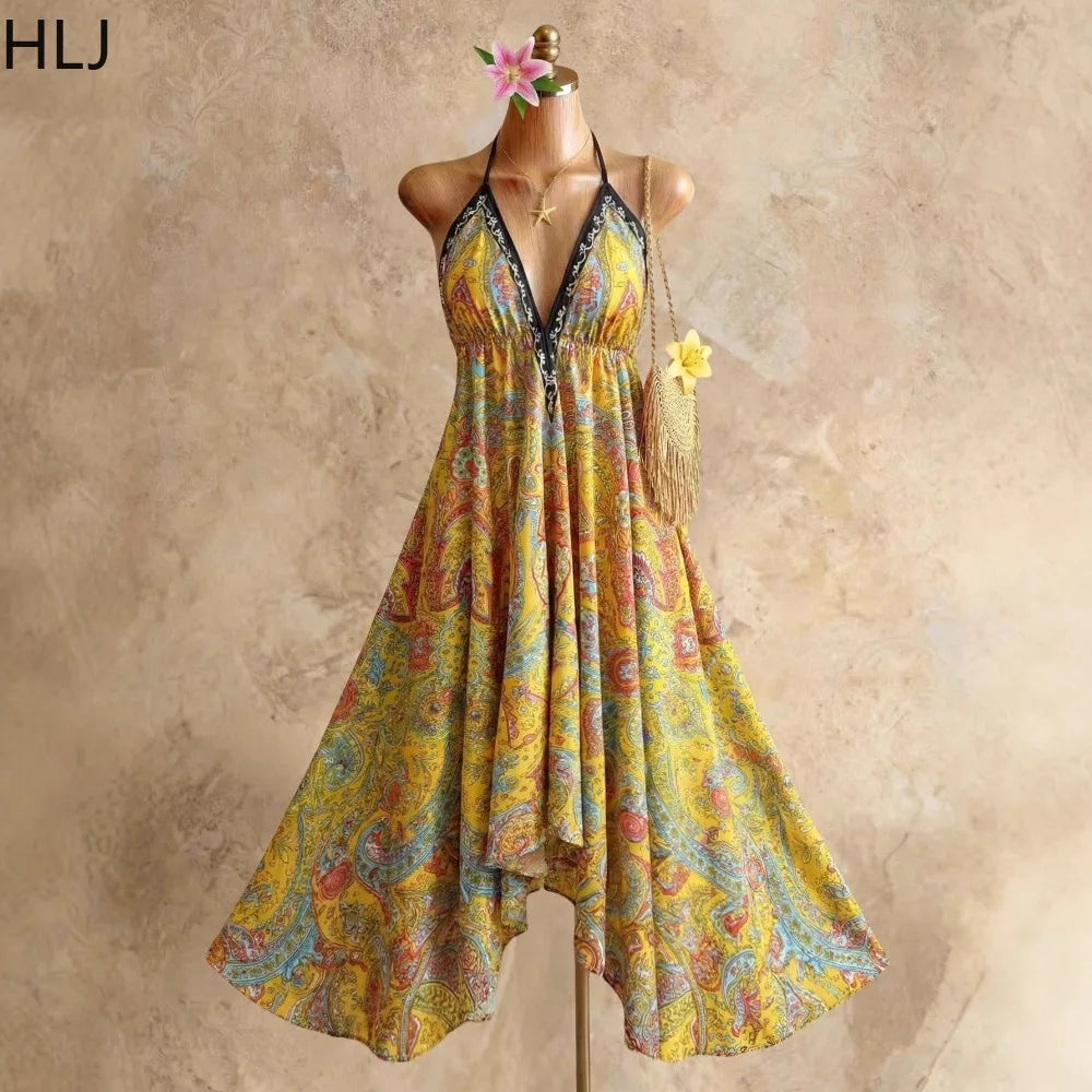 HLJ Fashion Women Bohemian Maxi Dresses Yellow Print Halter Neck Deep V Neck Backless Dress Summer Beach Vacation Sundress New