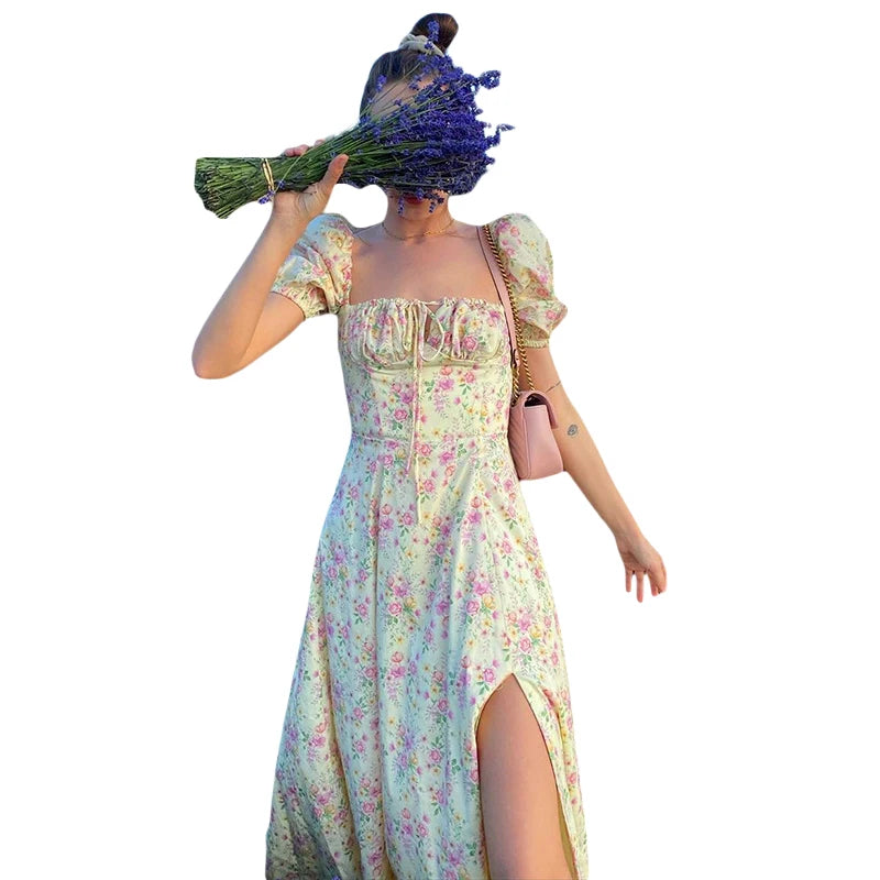 2023 Summer Women´s Y2K Elegant Dress Puff Short Sleeves Lace-Up Chest Floral Printed Party Dress High Splitting Long Skirt