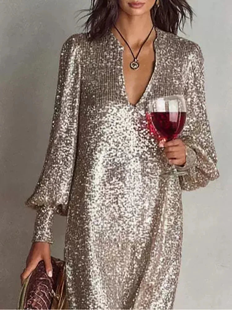 V-neck long sleeved sequined elegant party dress 2026 spring/summer Shiny Robe Dress new Loose simple style solid color dress