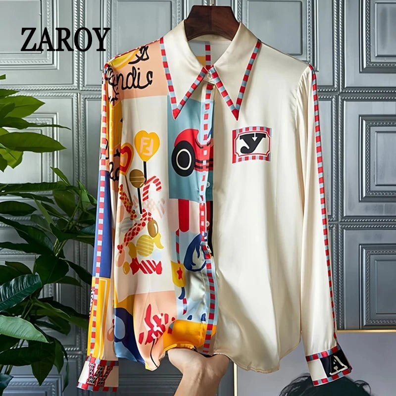 ZAROY S-3XL Imitation Silk Slim Shirts Women Orange Grey Luxury Print Fashion Blouses Lady Top Luxury Brand Design Shirt camisas