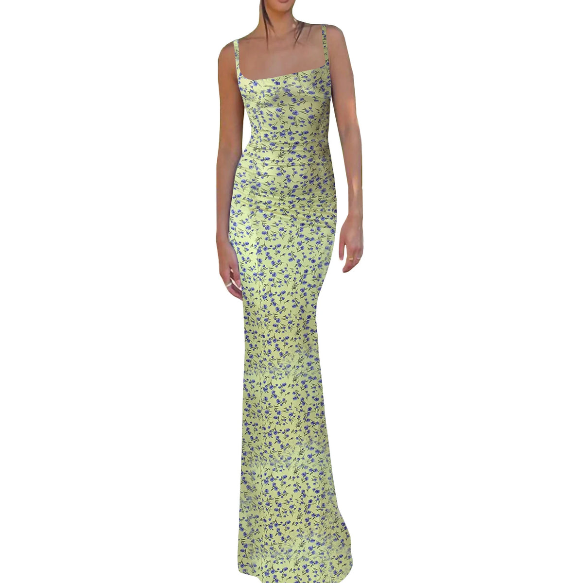 New Fashion Women´s Sexy Dress, Spaghetti Strap Sleeveless Backless Slim Fit Floral Printed Long Dresses