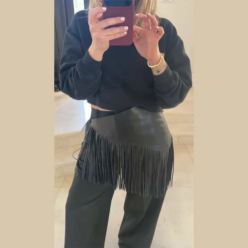 Tassel Leather Corset Belt Accessory Women's Solid High Street Fringe Scarf Belt 2026 Spring Summer Edgy Chic All-match Outfit
