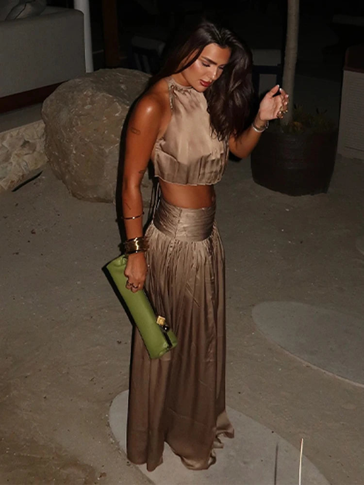 Luxury Women's Maxi Skirts Set Halter Neck Open Back Crop Top High Waist Flowy Long Skirt Elegant Formal Evening Party Outfit