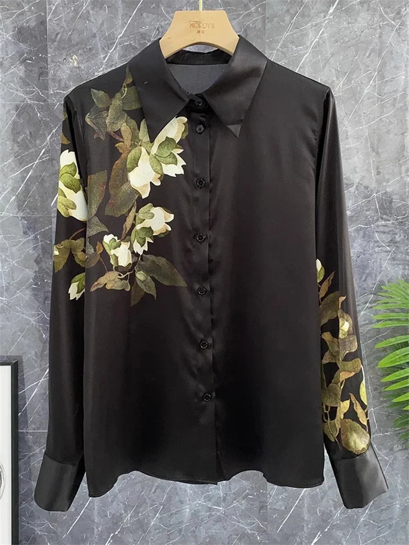 ZAROY S-3XL Imitation Silk Slim Shirts Women Orange Grey Luxury Print Fashion Blouses Lady Top Luxury Brand Design Shirt camisas