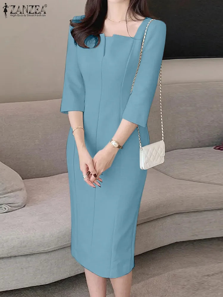 ZANZEA Elegant Women Slim Knee-length Dress Fashion Square Neck 3/4 Sleeve Seamed Party Vestidos Casual Commute Solid Short Robe