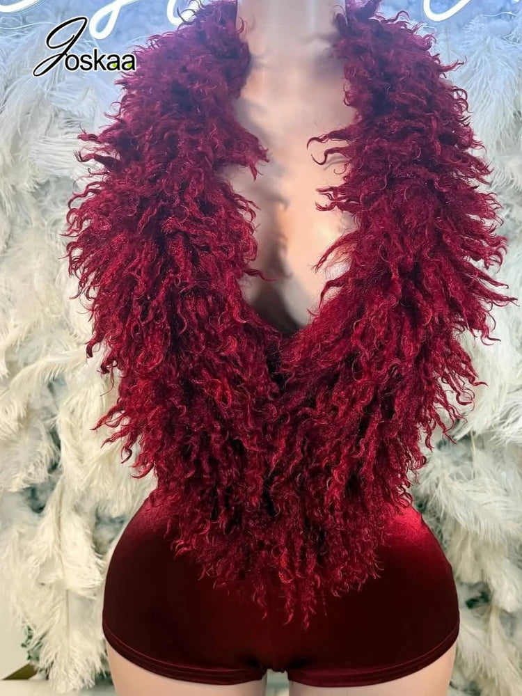 Joskaa Women's Sexy Faux Fur Romper Halter Deep V Backless Activity Workout Fit Skinny Playsuits Holiday Club Rompers S-XXL