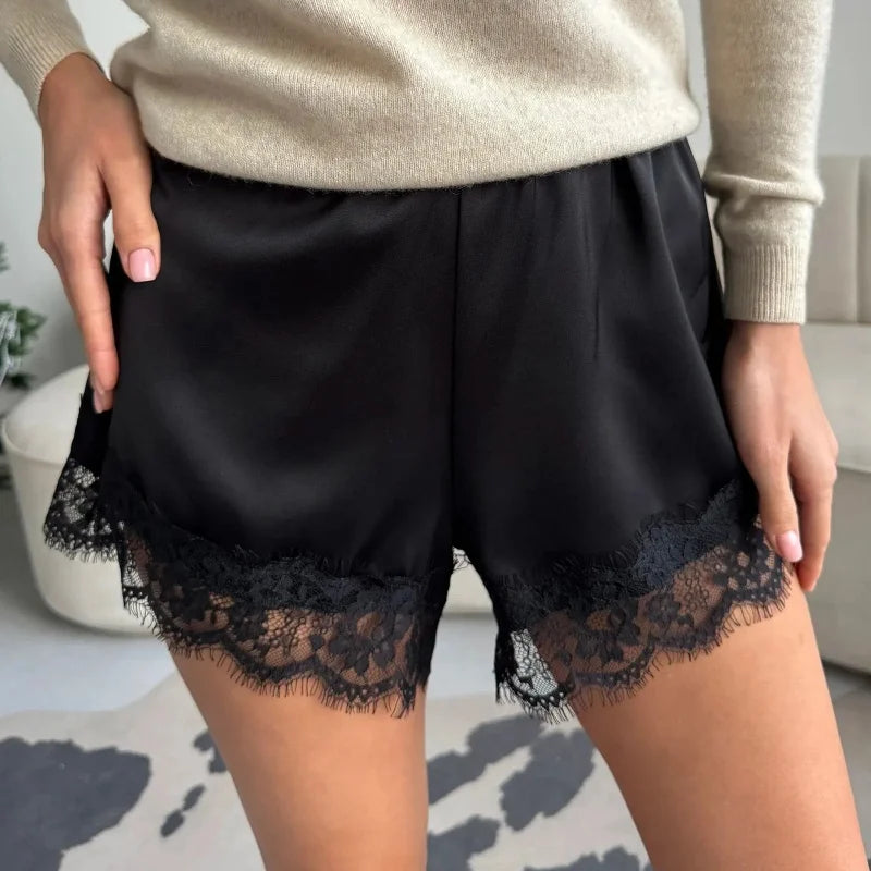 Women Heart Print Lace Satin Shorts Silk Y2k Elastic Waist Mini Shorts Coquette Aesthetic Boxer Slip Pettipants French Knickers