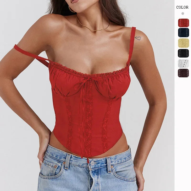 Women's Lace Up Camisole Corset Tops Spaghetti Strap Ties Back Summer French Fashion Sexy Going Out Bodyshaper Bustier Tank Top