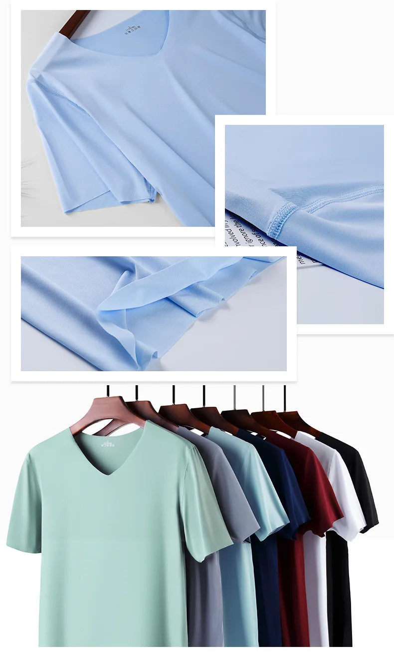 4Pcs Summer Ice Silk Men T-Shirt Vest Men's No Trace Sports Short Sleeve T-shirt Solid V-neck Tees Quick Dry Shirt Tops Fitness