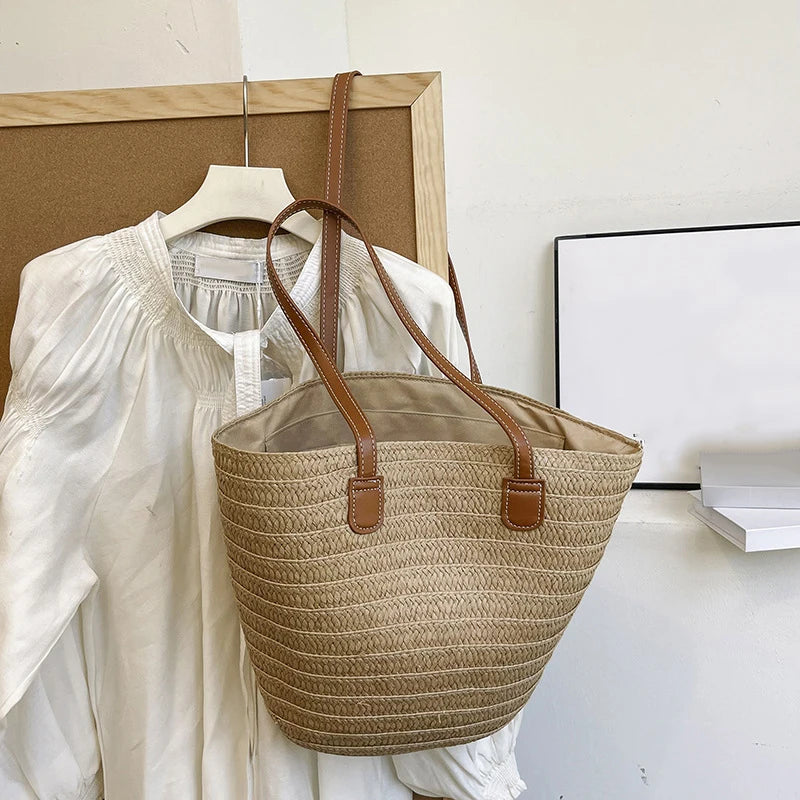 Women Braided Basket Clutches Top-handle Bag Large Straw Portable Shoulder Bag Summer Beach Party Purses Shopper Satchel Female