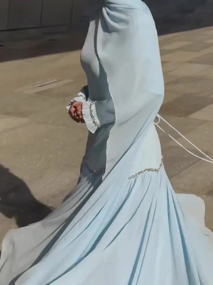 Fashion Diamond Embedded Splicing Gown Women Casual Hight Waist Draped Solid Long Dress Elegant O-neck Bubble Sleeve Gowns Dress