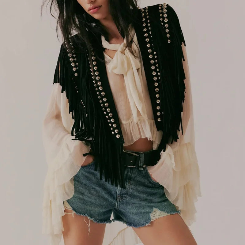 Women Studded Suede Collar Shawl Scarf Wrap Western Fringe Vest Boho Hippie Cowgirl Outfits
