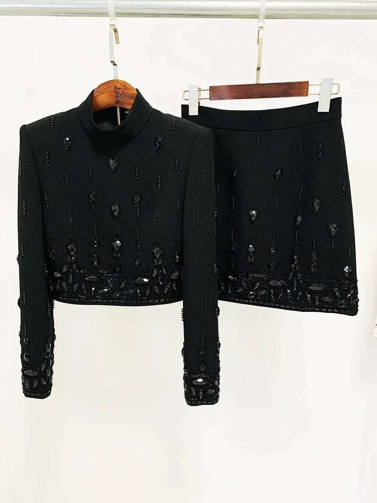 HIGH STREET Newest 2026 S/S Designer Runway Suit Set Women's Stand Collar Zip Back Cropped Tops Mini Skirt Set 2pcs