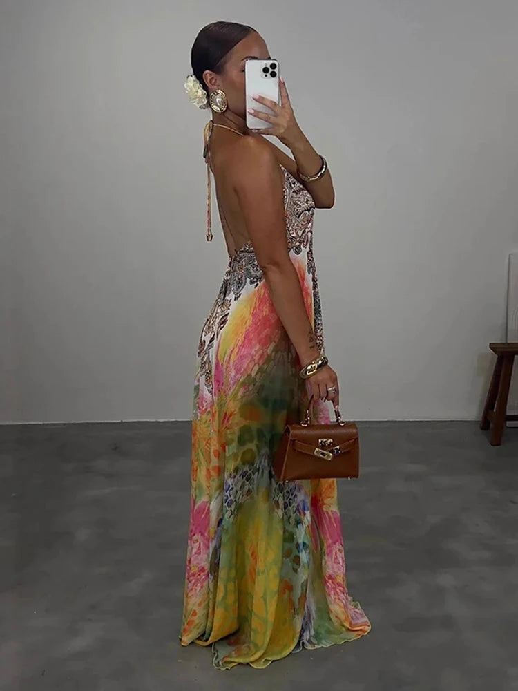 Print Neck Hanging Large Swing Dress Woman Backless Colorful Sleeveless Loose Vacation Maxi Robes Sexy Chic Women's New Dresses