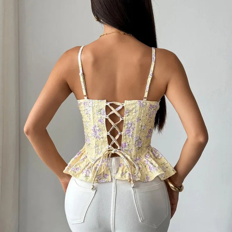 Women's Corset Floral Crop Tops Lace Up Camisole Slim Sleeveless Shaper Corsets Sexy Lingerie Halter Tank Top Street Vest Summer