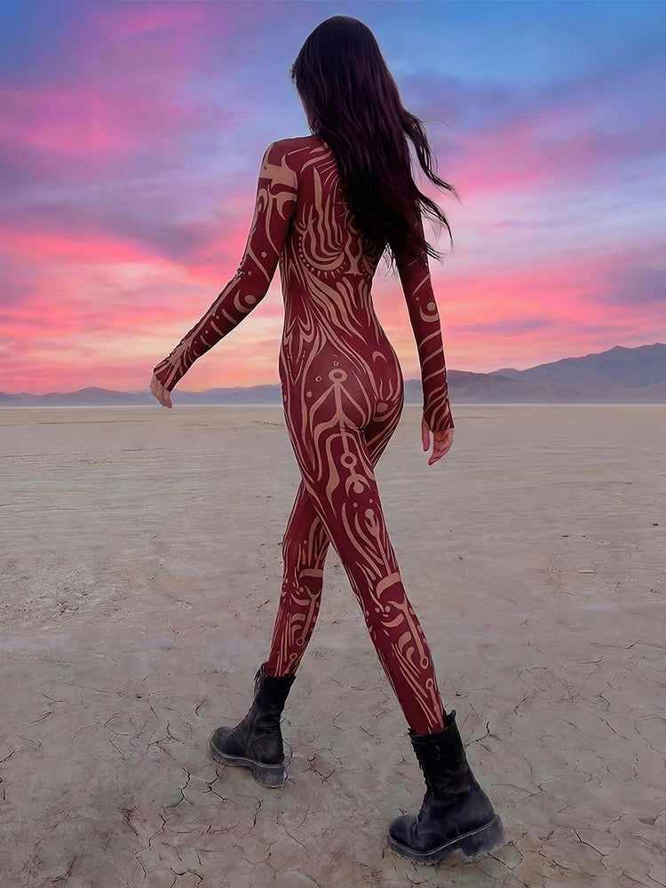 Sisterlinda Sexy Fashion Print Jumpsuits Woman Turtleneck Full Sleeve See Through Skinny Peach Hip Street Wild Style Overalls