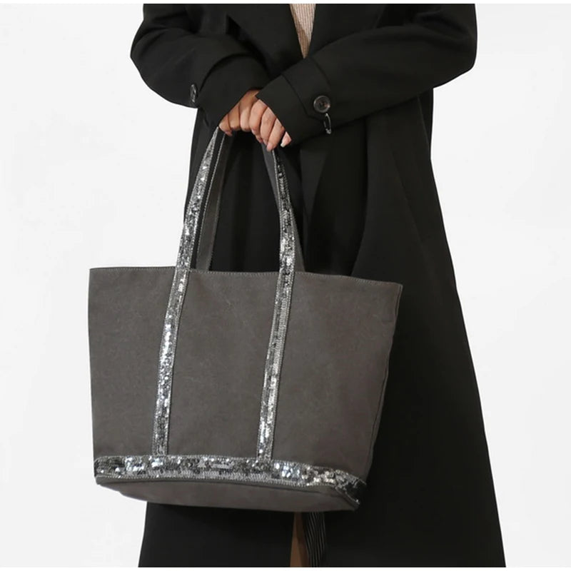 French Sequined Tote Bag For Women Luxury Large Bucket Tote Vintage Casual Woven Commuter Bag Canvas Sequined Shopper Travel Bag
