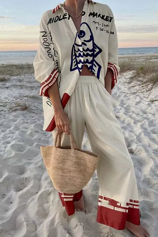 Women's Summer Fashion Printed Seaside Beach Vacation Style Two-piece Set Women's Long-sleeved Shirt Top + Wide-leg Women's Suit