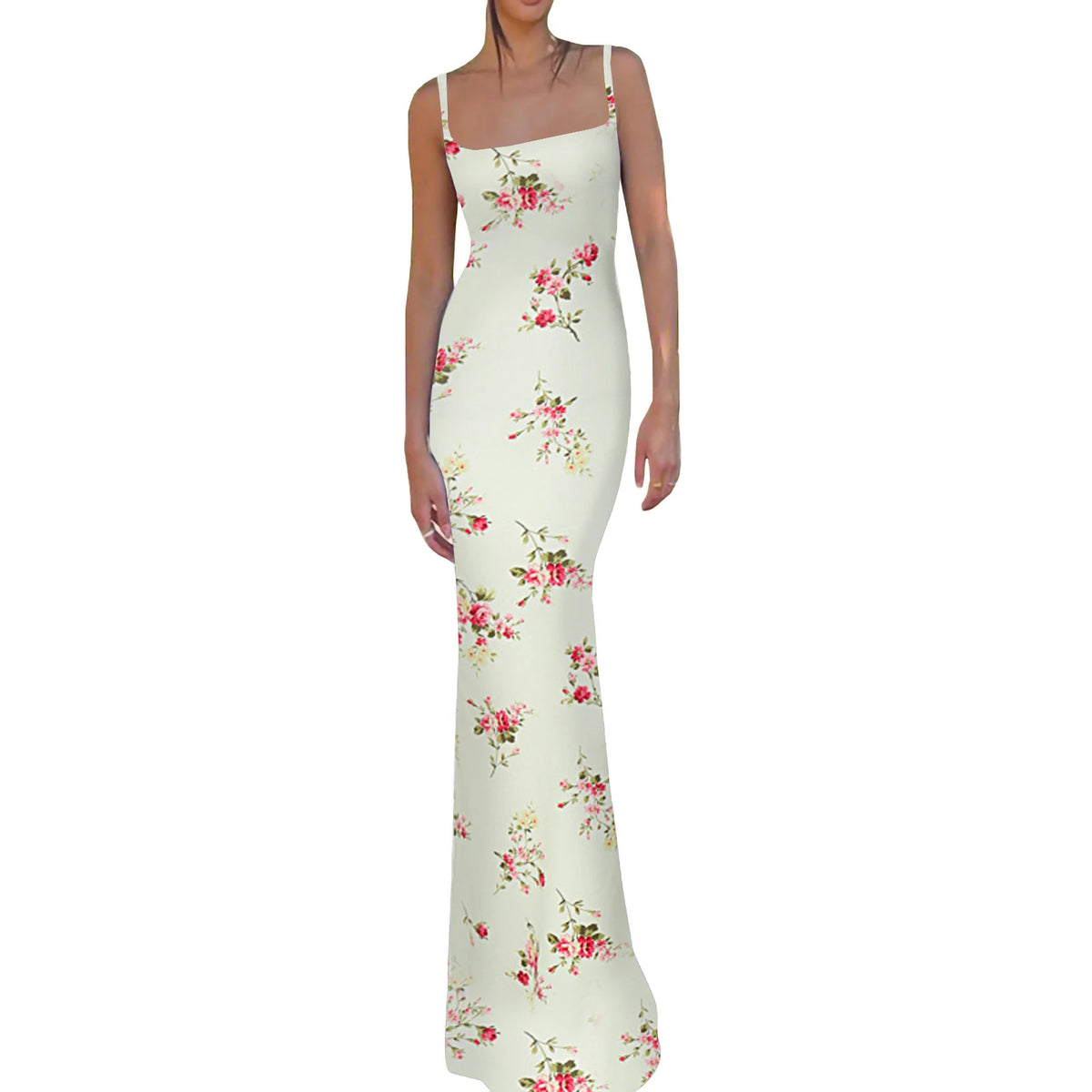New Fashion Women´s Sexy Dress, Spaghetti Strap Sleeveless Backless Slim Fit Floral Printed Long Dresses