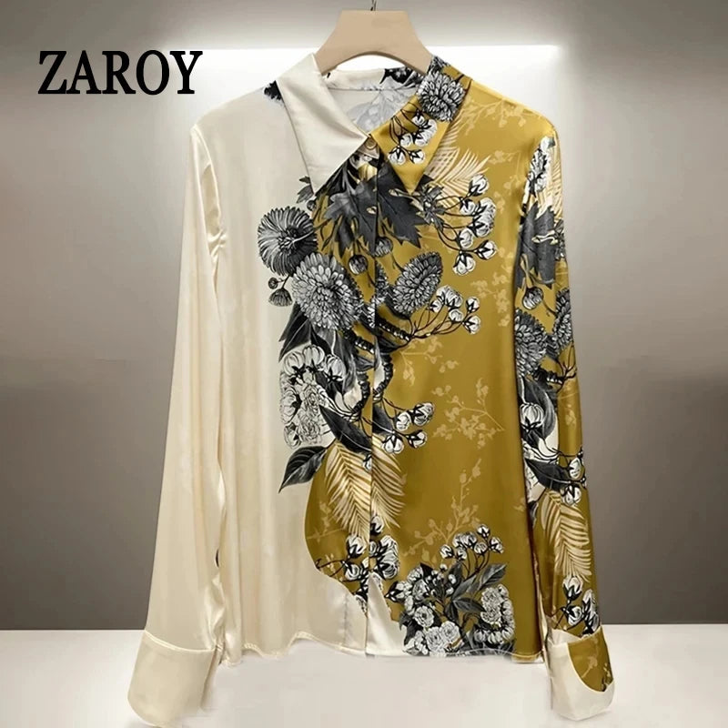 ZAROY S-3XL Imitation Silk Slim Shirts Women Orange Grey Luxury Print Fashion Blouses Lady Top Luxury Brand Design Shirt camisas