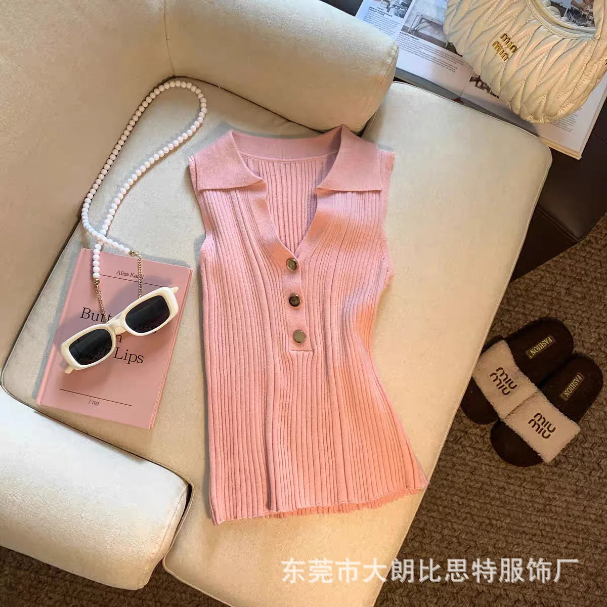 Summer Turn Down Collar Gold Button Slim Knitted Sweater Vests Elegant Knitwear Tank Tops BSTFSC-m1948