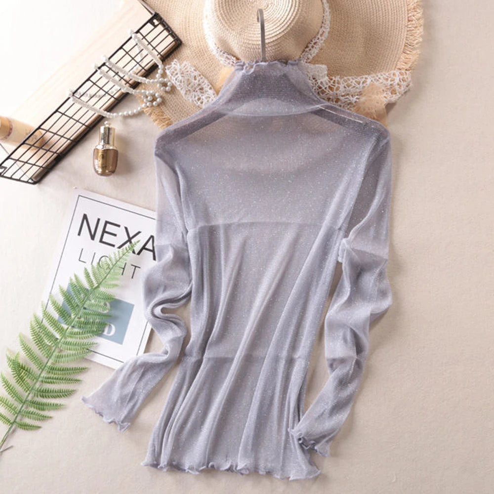 S-3XL Size Transparent Female T Shirt Bottoming Black Red Silver Shiny Elastic Blouse Turtleneck Blouses Women Tops 6 Colors