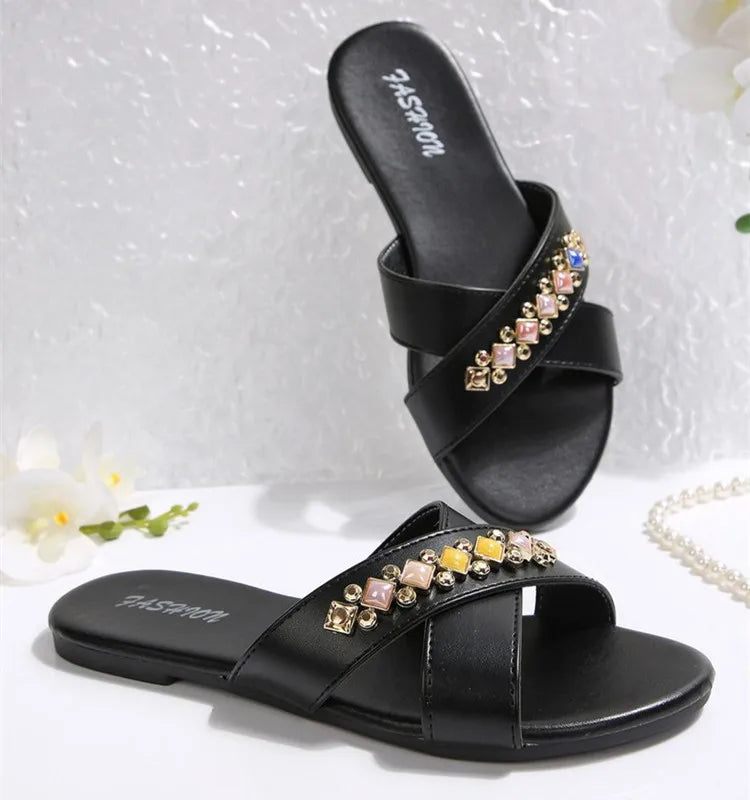 Spring Summer Fashion Ladies Open-Toe Flat Head Black/White Sandals Metal Decoration Square Toe Women's Slippers