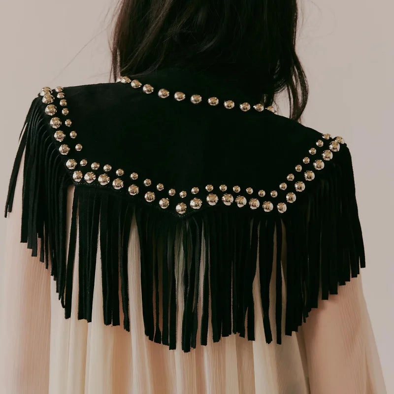 Women Studded Suede Collar Shawl Scarf Wrap Western Fringe Vest Boho Hippie Cowgirl Outfits