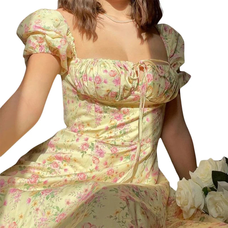 2023 Summer Women´s Y2K Elegant Dress Puff Short Sleeves Lace-Up Chest Floral Printed Party Dress High Splitting Long Skirt