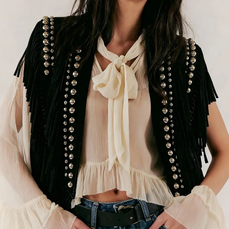 Women Studded Suede Collar Shawl Scarf Wrap Western Fringe Vest Boho Hippie Cowgirl Outfits