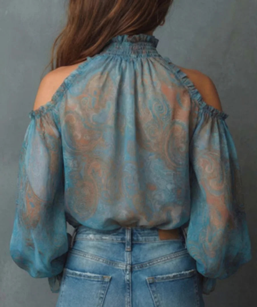 Women's Vintage Paisley Print Off Shoulder Shirt Stand Collar Tie Bell Sleeve Chiffon Top