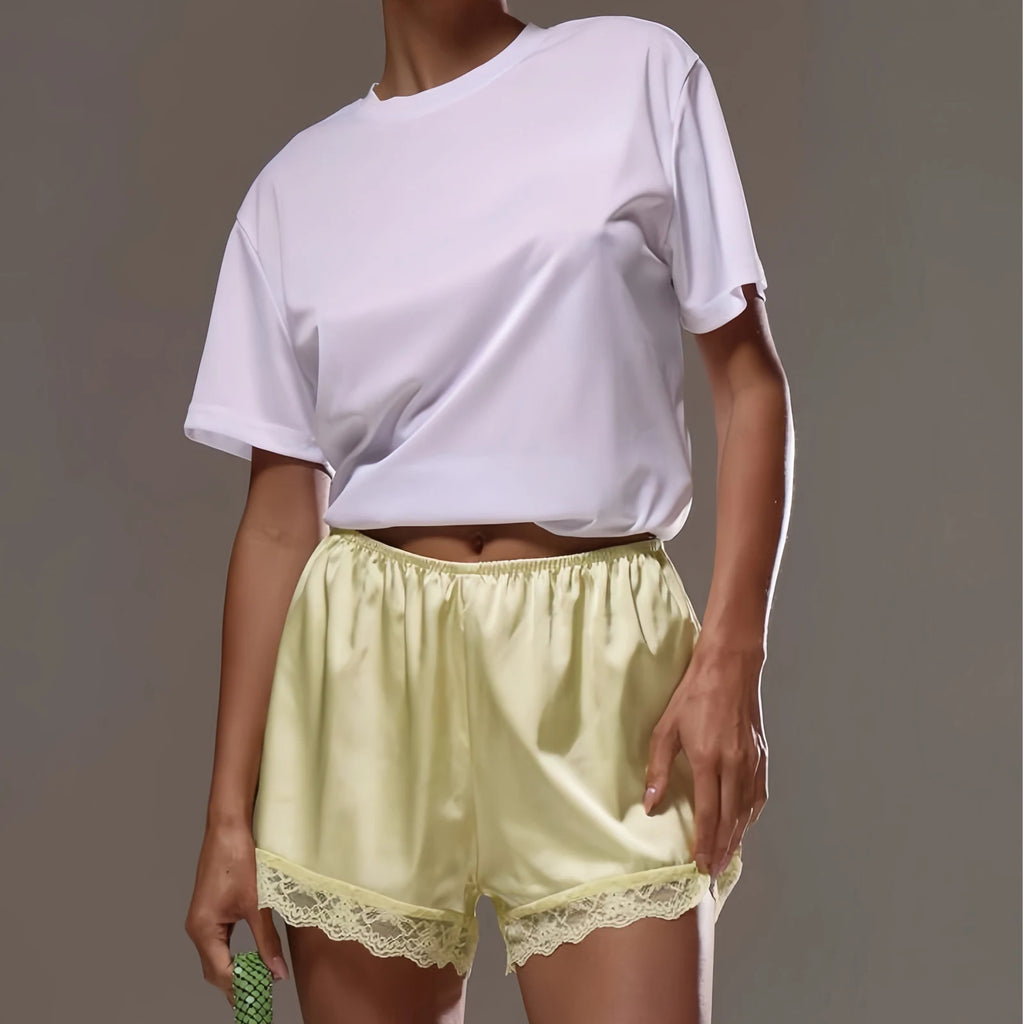 New Women Lounge Shorts Elastic Waist Lace Patchwork Loose Pajamas Shorts Sleepwear Hot Sale S M L