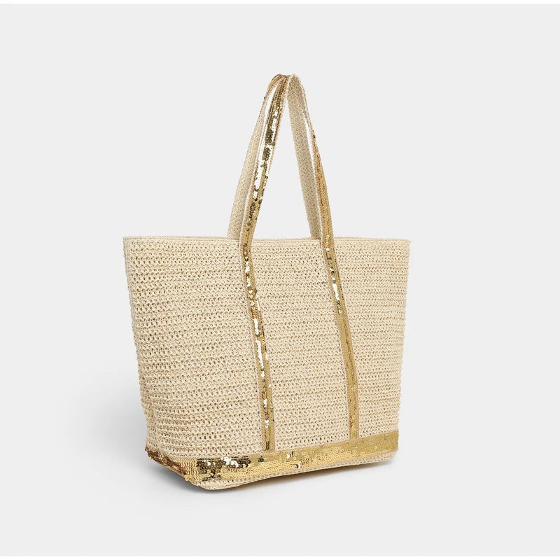French Sequined Tote Bag For Women Luxury Large Bucket Tote Vintage Casual Woven Commuter Bag Canvas Sequined Shopper Travel Bag