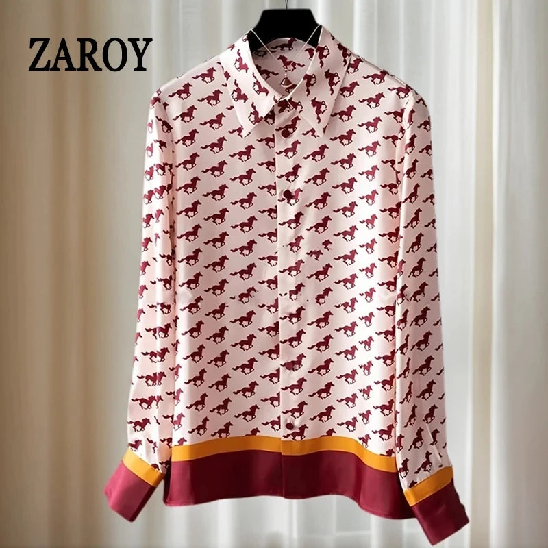 ZAROY S-3XL Imitation Silk Slim Shirts Women Orange Grey Luxury Print Fashion Blouses Lady Top Luxury Brand Design Shirt camisas