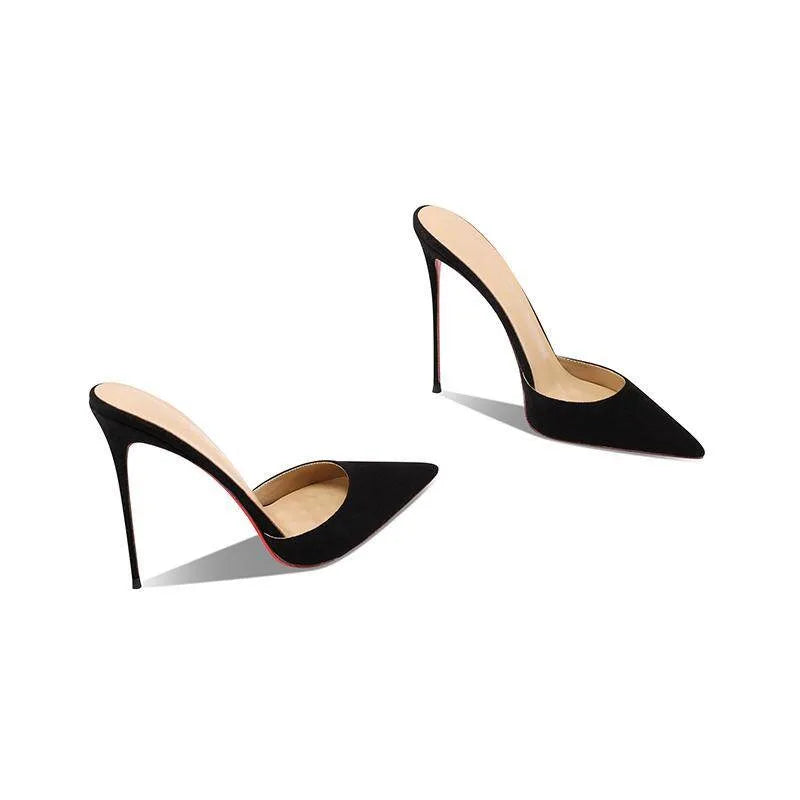 2026 new black suede high-heeled slippers with sexy temperament, pointed and thin heels, worn with a toe cover and half drag