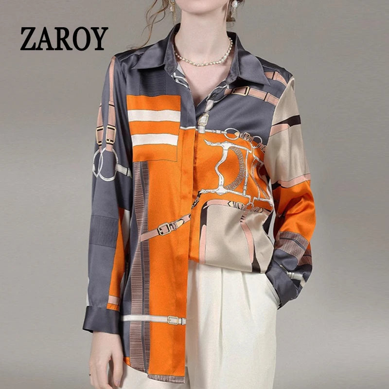 ZAROY S-3XL Imitation Silk Slim Shirts Women Orange Grey Luxury Print Fashion Blouses Lady Top Luxury Brand Design Shirt camisas