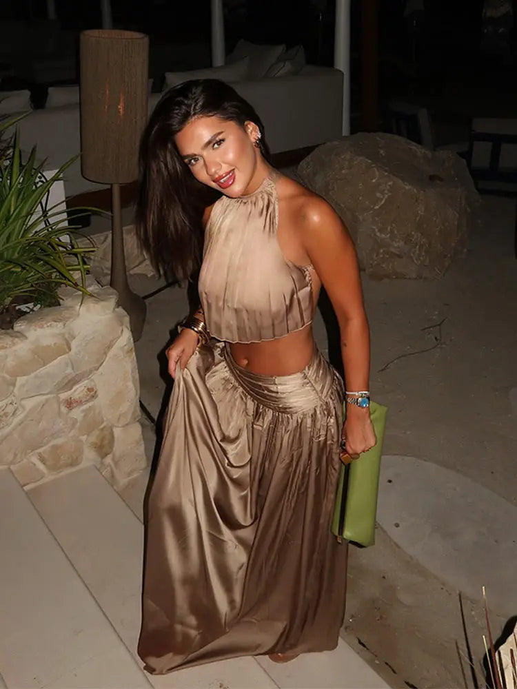 Luxury Women's Maxi Skirts Set Halter Neck Open Back Crop Top High Waist Flowy Long Skirt Elegant Formal Evening Party Outfit