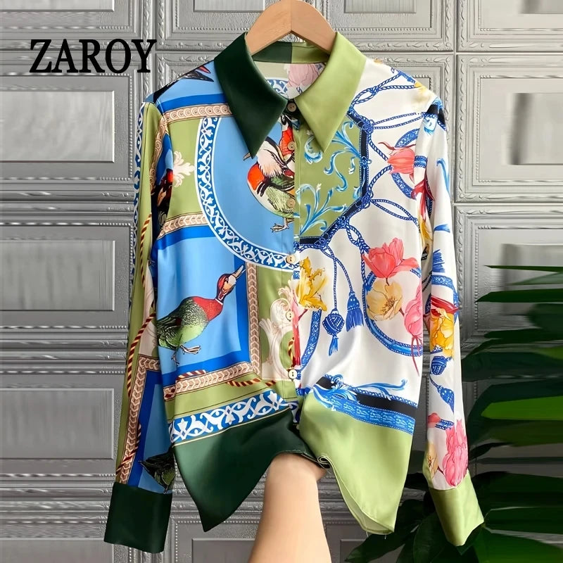ZAROY S-3XL Imitation Silk Slim Shirts Women Orange Grey Luxury Print Fashion Blouses Lady Top Luxury Brand Design Shirt camisas