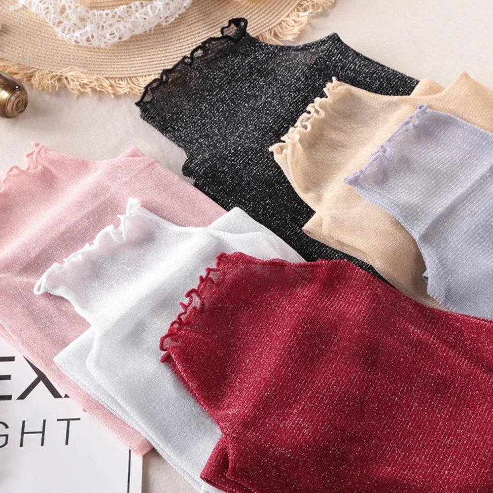 S-3XL Size Transparent Female T Shirt Bottoming Black Red Silver Shiny Elastic Blouse Turtleneck Blouses Women Tops 6 Colors