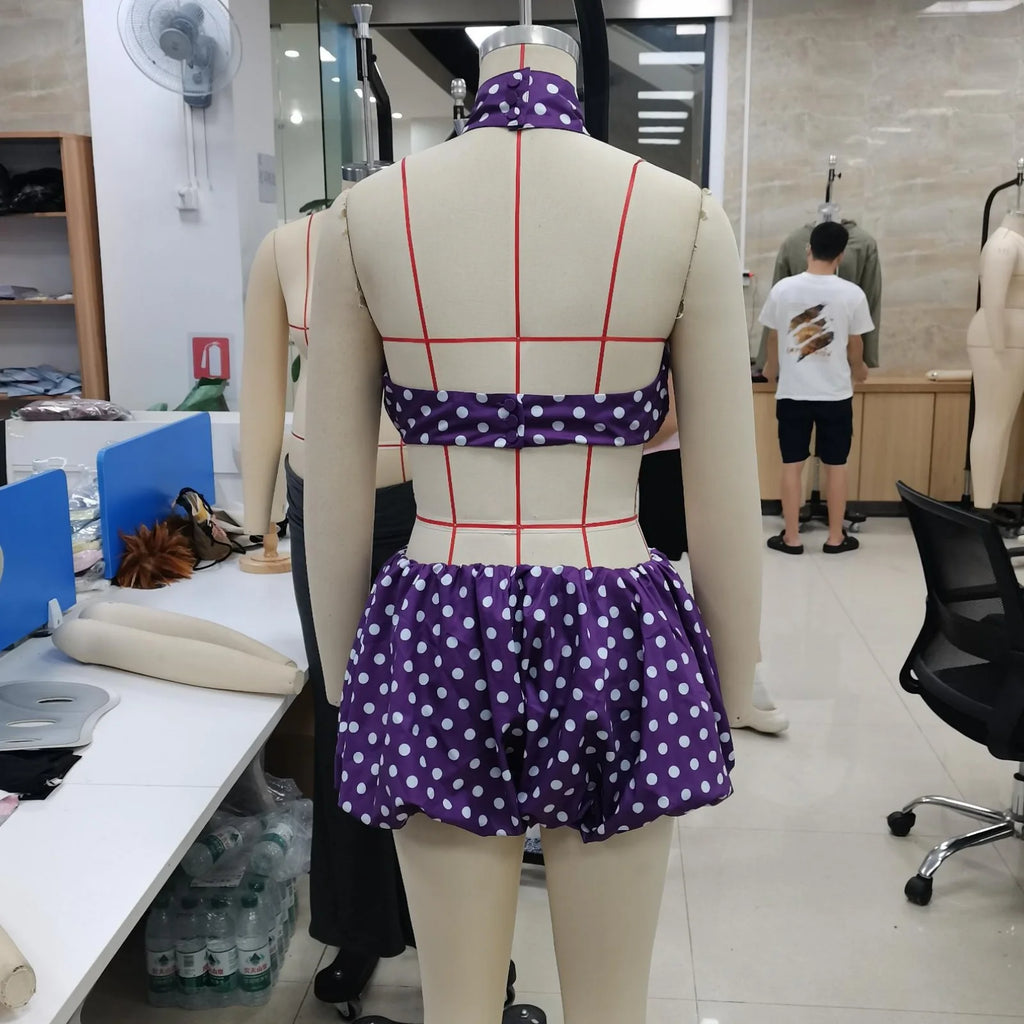 Two Pieces Set for Women Solid Color/Dot Sleeveless Backless Halter Neck Crop Tops with Mini Skirt Summer Suits