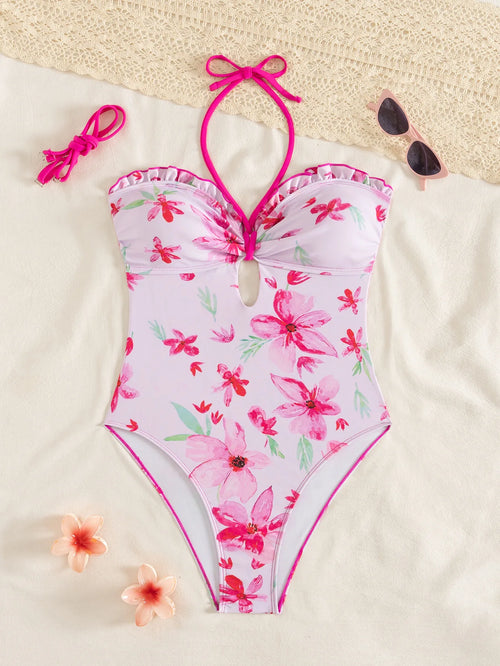 2026 Printed Ruffle Halter Cut Out One Piece Swimsuit Women Tummy Control Push Up Monokini Swimwear Beach Vacation Summer Outfit