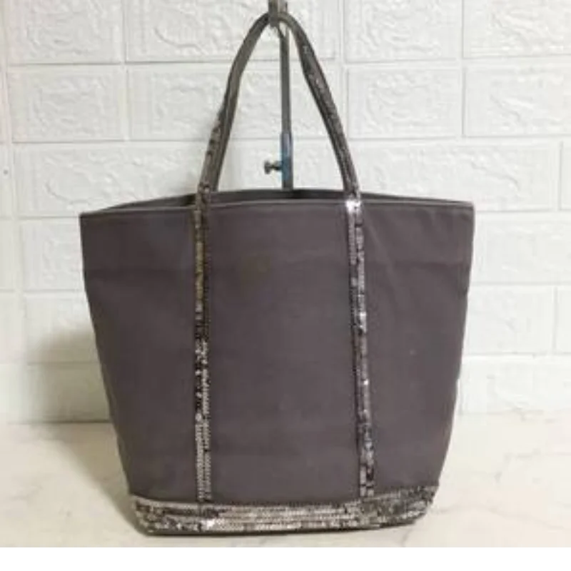 French Sequined Tote Bag For Women Luxury Large Bucket Tote Vintage Casual Woven Commuter Bag Canvas Sequined Shopper Travel Bag