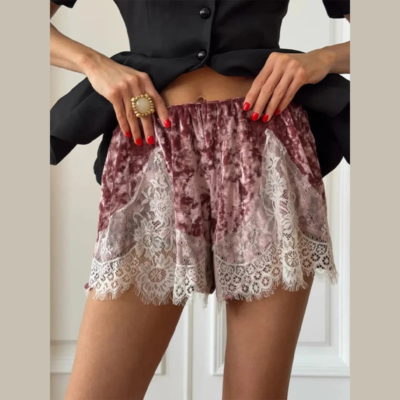 Casual Women's Printed Lace Patchwork Shorts Loose Elastic Waist Hollow Female Short Pants 2026 Summer Lady Chic All-match Pant